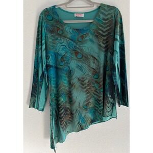 Pretty Woman Top XL Plus Green Fairy Rhinestone Stretch Artsy Feather Floral